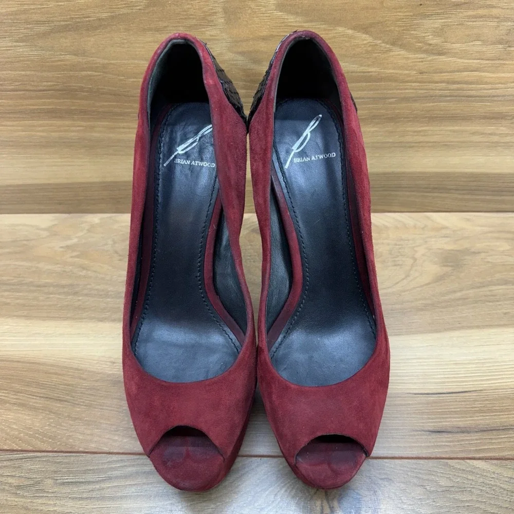 BRIAN ATWOOD Womens 7 Burgundy Suede Peep Toe Pumps Platform Heels Snake Leather